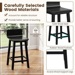 Set of 2 Solid Wood Counter Stools with Low Curved Backs in Black