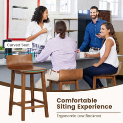 Set of 2 Solid Wood Counter Stools with Low Curved Backs in Walnut