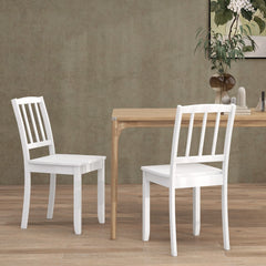 Set of 2 Slatted Back Dining Chairs with Wood Seat, White Rubber Wood