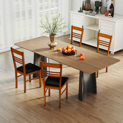 Set of 4 Ladder Back Dining Chairs with PU Leather Seat, Walnut Rubber Wood