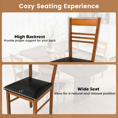 Set of 4 Ladder Back Dining Chairs with PU Leather Seat, Walnut Rubber Wood