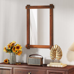 Wood Framed Mirror with Acacia Wood Frame and Vintage Rivet Design Brown-M