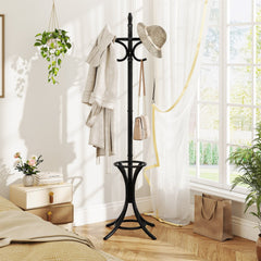 Wood Standing Hat Coat Rack with Umbrella Stand-Black