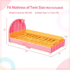 Wood Upholstered Twin Bed Platform with Slat Support-Pink