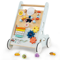 Wooden Baby Walker Push and Pull Learning Activity Center with Wheels for Toddlers 1+ Years Old-Green