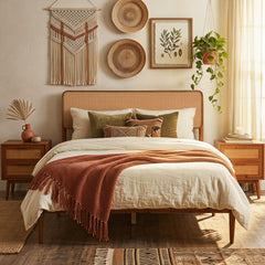 Full Acacia Wood Platform Bed with Boho Rattan Headboard and 12 Plywood Slats