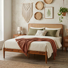 Full Acacia Wood Platform Bed with Boho Rattan Headboard and 12 Plywood Slats