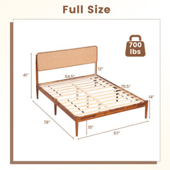 Full Acacia Wood Platform Bed with Boho Rattan Headboard and 12 Plywood Slats