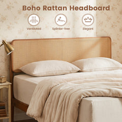 Full Acacia Wood Platform Bed with Boho Rattan Headboard and 12 Plywood Slats