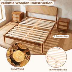 Full Acacia Wood Platform Bed with Boho Rattan Headboard and 12 Plywood Slats