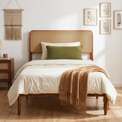 Twin Acacia Wood Platform Bed with Boho Rattan Headboard and 12 Plywood Slats