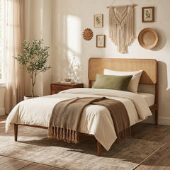 Twin Acacia Wood Platform Bed with Boho Rattan Headboard and 12 Plywood Slats