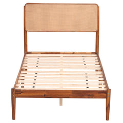 Twin Acacia Wood Platform Bed with Boho Rattan Headboard and 12 Plywood Slats