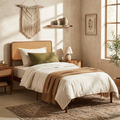 Twin Acacia Wood Platform Bed with Boho Rattan Headboard and 12 Plywood Slats