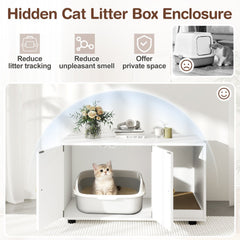 Wooden Cat Litter Box Enclosure Hidden Litter Box Furniture with Scratching Board-White
