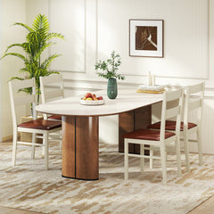 Set of 2 Two Rail Back Dining Chairs, Cream White Wood with Brown PU Seat