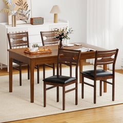 Set of 2 Dining Chairs with Cut Out Back and Black PU Seat, Walnut Rubber Wood