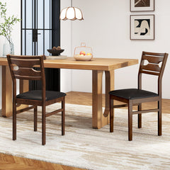 Set of 2 Dining Chairs with Cut Out Back and Black PU Seat, Walnut Rubber Wood