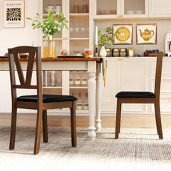 Set of 2 V Back Dining Chairs with Black PU Seat, Walnut Rubber Wood