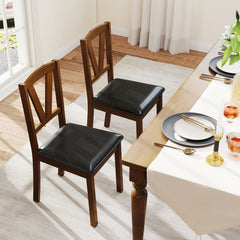 Set of 2 V Back Dining Chairs with Black PU Seat, Walnut Rubber Wood