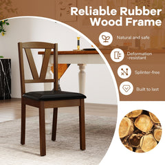 Set of 2 V Back Dining Chairs with Black PU Seat, Walnut Rubber Wood