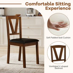 Set of 2 V Back Dining Chairs with Black PU Seat, Walnut Rubber Wood