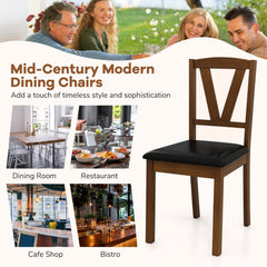 Set of 2 V Back Dining Chairs with Black PU Seat, Walnut Rubber Wood