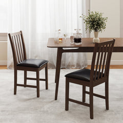 Set of 2 Slat Back Dining Chairs with PVC Leather Seat, Brown Rubber Wood