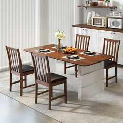 Set of 2 Slat Back Dining Chairs with PVC Leather Seat, Brown Rubber Wood