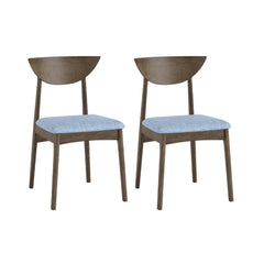 Set of 2 Dining Chairs with Crescent Wood Back and Blue Linen Seat, Greyed Wood