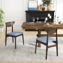 Set of 2 Dining Chairs with Crescent Wood Back and Blue Linen Seat, Greyed Wood