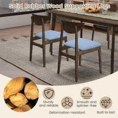 Set of 2 Dining Chairs with Crescent Wood Back and Blue Linen Seat, Greyed Wood