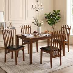 Set of 4 Tall Slat Back Dining Chairs with PU Leather Seat, Walnut Rubber Wood