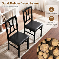 Set of 2 Dining Chairs with Patterned Back and Faux Leather Seat, Black