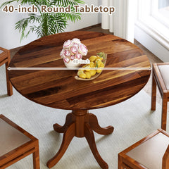 Wooden Dining Table with Round Tabletop and Curved Trestle Legs-Walnut