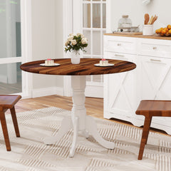 Wooden Dining Table with Round Tabletop and Curved Trestle Legs-Walnut & White