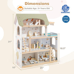 Wooden Dollhouse Kids DIY Pretend Playhouse with 33 PCS Furniture Accessories-Green