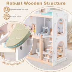 Wooden Dollhouse Kids DIY Pretend Playhouse with 33 PCS Furniture Accessories-Green