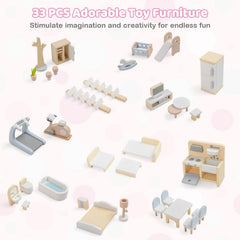 Wooden Dollhouse Kids DIY Pretend Playhouse with 33 PCS Furniture Accessories-Pink