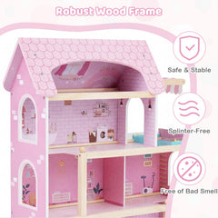 Wooden Dollhouse Kids DIY Pretend Playhouse with 33 PCS Furniture Accessories-Pink