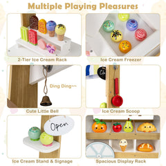 Wooden Ice Cream Cart for Kids 2-in-1 Grocery Store Playset with Display Shelves-White