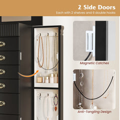 Wooden Jewelry Armoire Cabinet Storage Chest with Drawers and Swing Doors-Black
