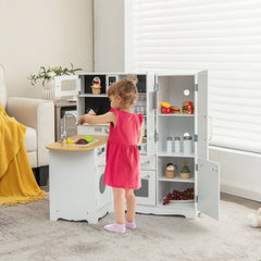 White Corner Play Kitchen for Kids with Side Fridge, Washing Machine and Steel Cookware