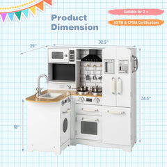 White Corner Play Kitchen for Kids with Side Fridge, Washing Machine and Steel Cookware