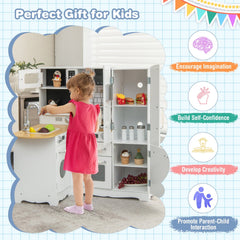 White Corner Play Kitchen for Kids with Side Fridge, Washing Machine and Steel Cookware