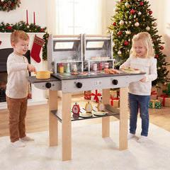 Wooden Kids Barbecue Grill Playset Kids Toy Grill with Abundant Grilling Tools and Play Foods