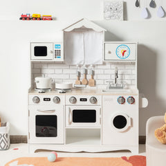 White Wooden Play Kitchen with Washing Machine, Clock Cabinet and Cookware