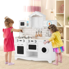 White Wooden Play Kitchen with Washing Machine, Clock Cabinet and Cookware