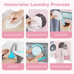 Wooden Kids Laundry Playset with Laundry Detergent Bottle and Clothes Hangers-Pink
