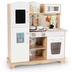 Natural Wood Play Kitchen for Kids with Light Up Stove, Blackboard Fridge and Cookware